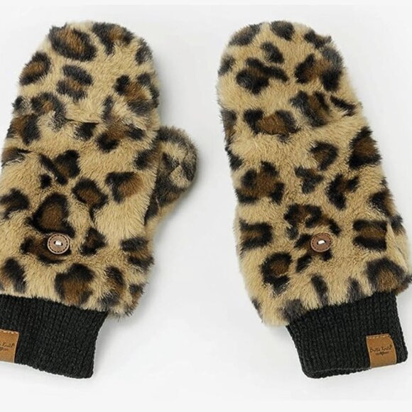 Britt's Knits Leopard Print Convertible Mittens Plush Vegan Fur Gloves - OS - Picture 2 of 7